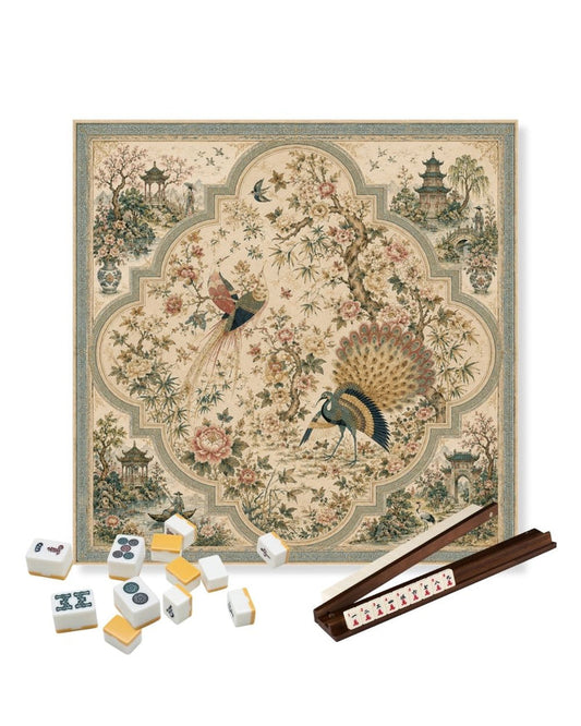 Square Mahjong table mat with vintage songbird floral design, anti-slip surface