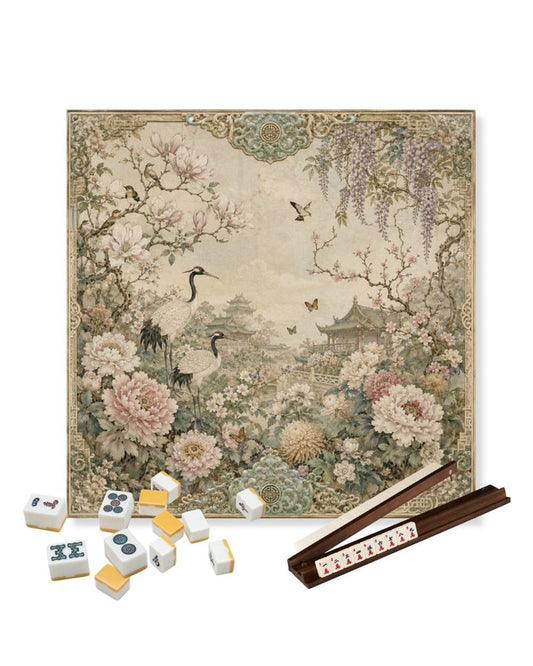 Square table mat with floral garden landscape design and cranes, decorative non-slip play mat