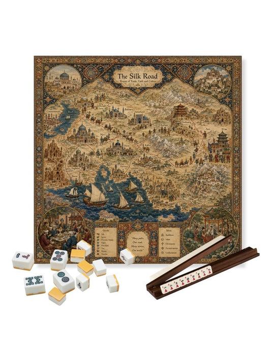 Square silk road themed mahjong table mat with ornate map artwork