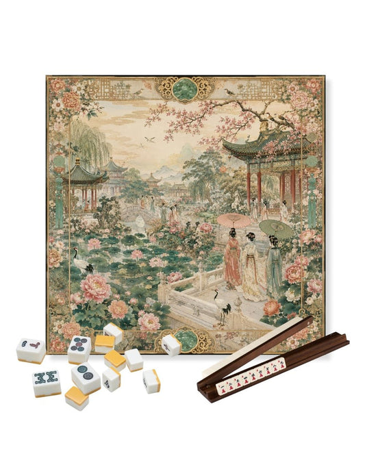 Square mahjong table mat with ornate garden scene; includes white mahjong tiles and rack