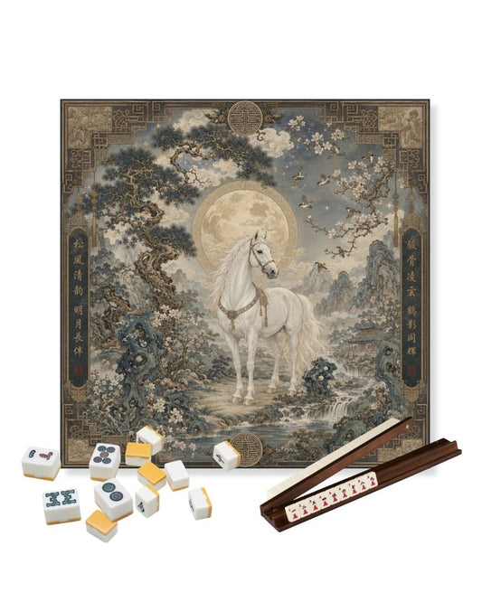Square table mat with a white horse illustration in an ornate border