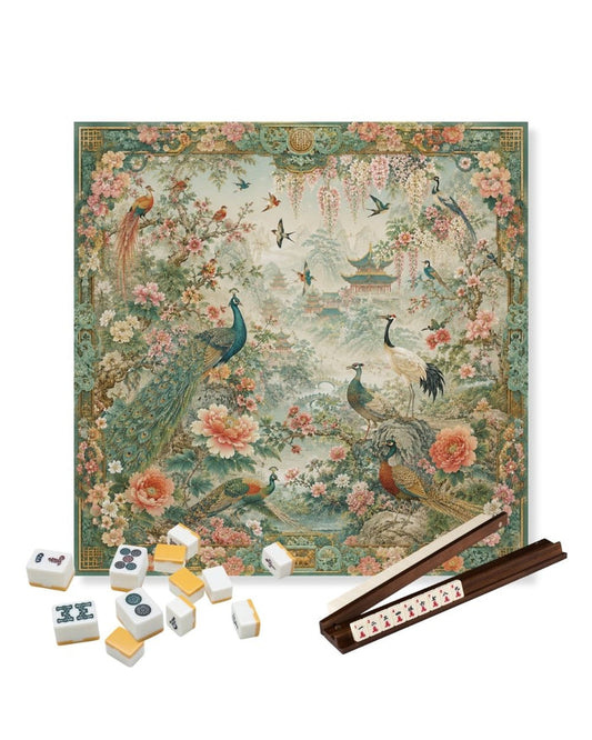 Square peacock and floral mahjong table mat, non-slip anti-skid surface
