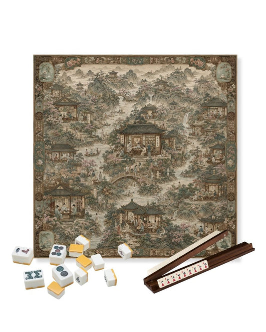 Square gaming table mat with vintage village artwork, anti-slip surface and matching tiles