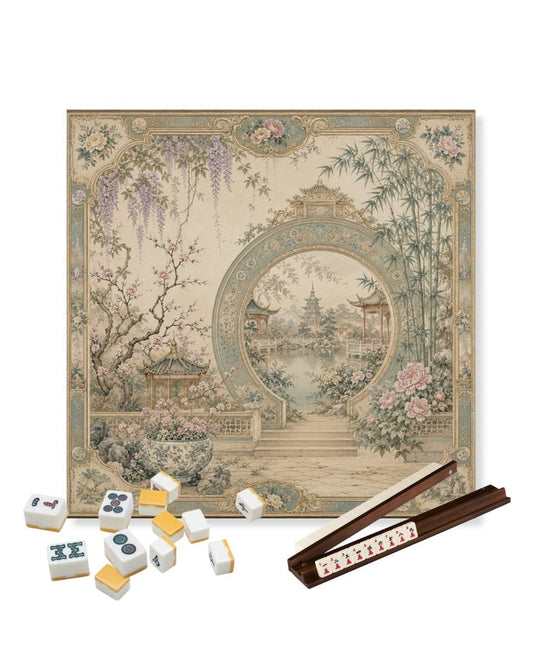 Square garden-themed mahjong table mat with ornate arch and floral border, beige and teal.