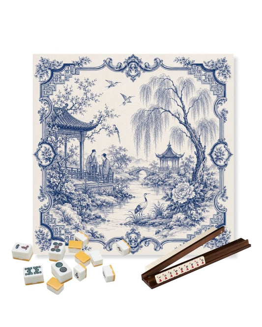 Square mahjong table mat with blue-and-white porcelain garden motif, anti-slip surface