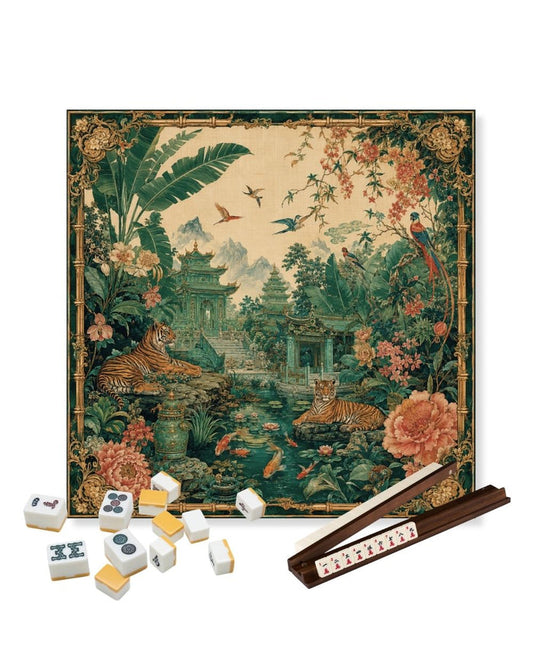 Mahjong table mat with jungle tiger print, tiles scattered, and tile rack on table.