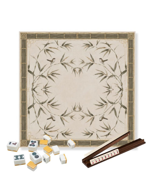 Cream square gaming mat with bamboo leaf pattern and gold geometric border