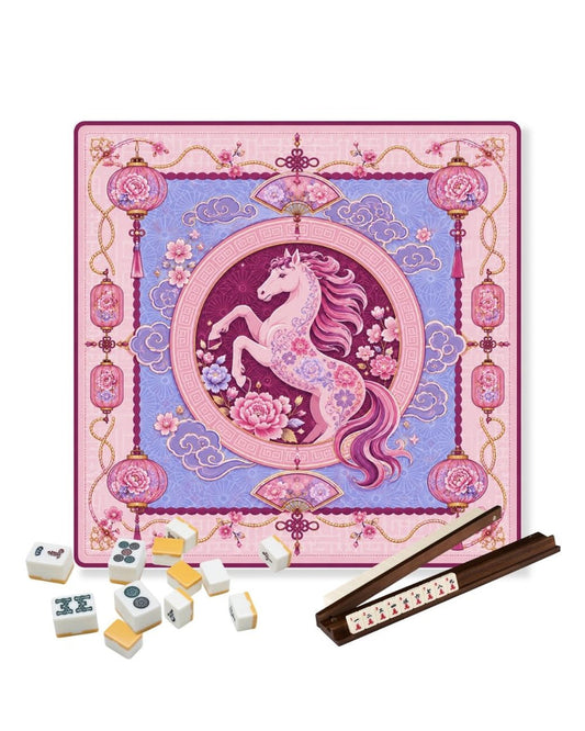 Square gaming table mat featuring a pink unicorn medallion and decorative pink border