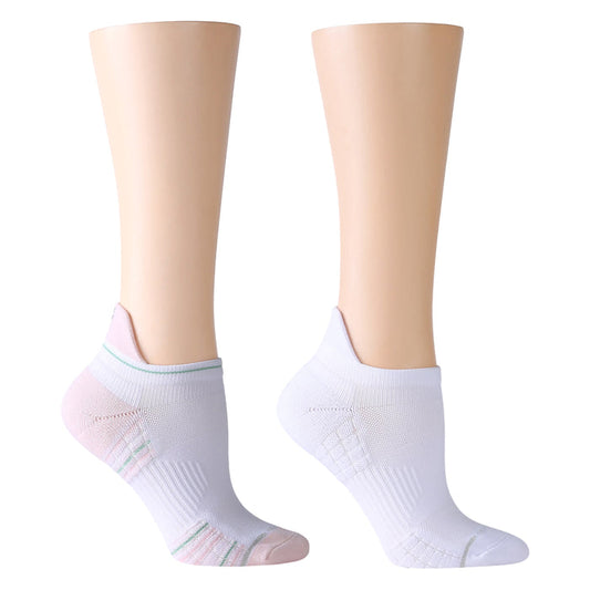 Ankle compression socks in white with pastel stripes, designed for women's performance wear.