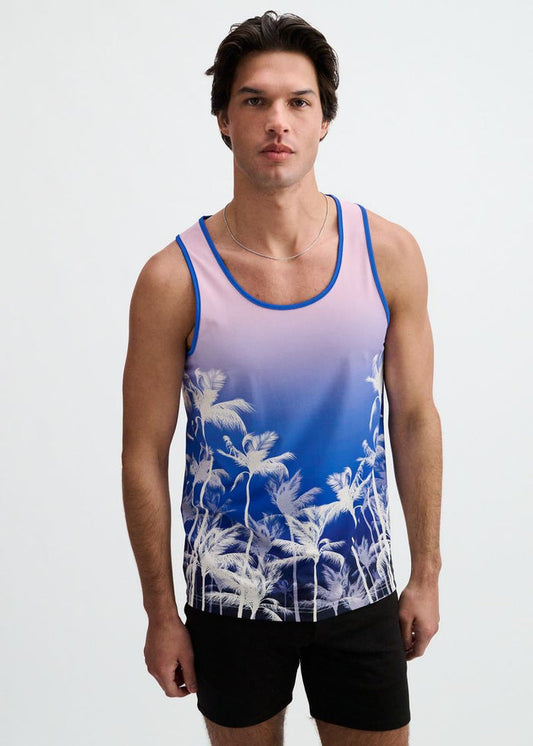 Purple/Pink Palms Printed Stretch Mesh Tank St-11145