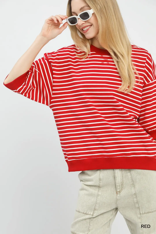 Red/White Striped Short Sleeve Pullover Top