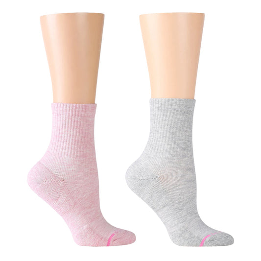 Pink and gray ribbed mid-crew compression socks displayed on mannequin legs.