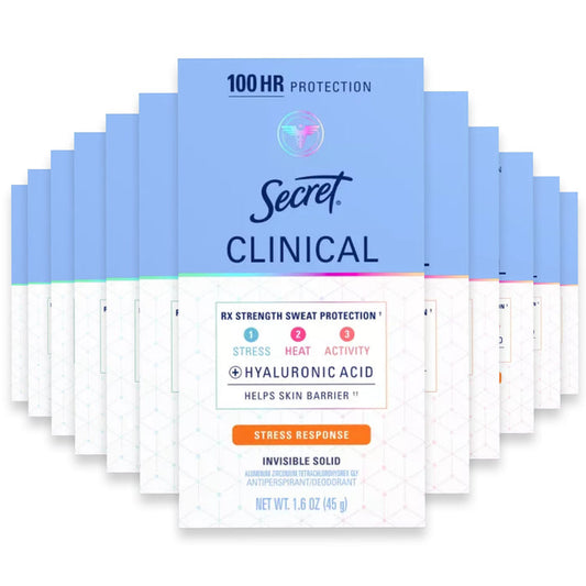 Secret Clinical Strength Antiperspirant and Deodorant, Stress Response, Invisible Solid - 1.6 oz - 12 Pack