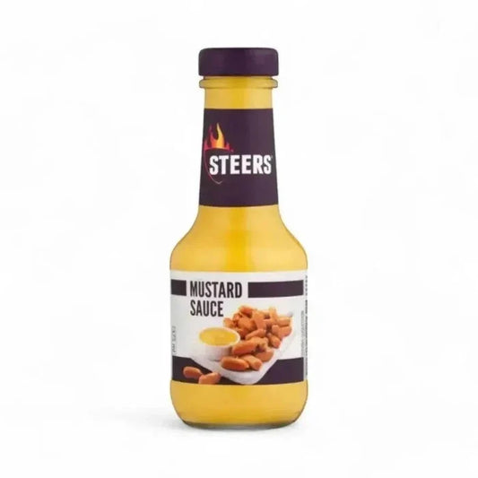 Steers Mustard Sauce 375ml bottle with creamy tangy flavor for burgers and hot dogs