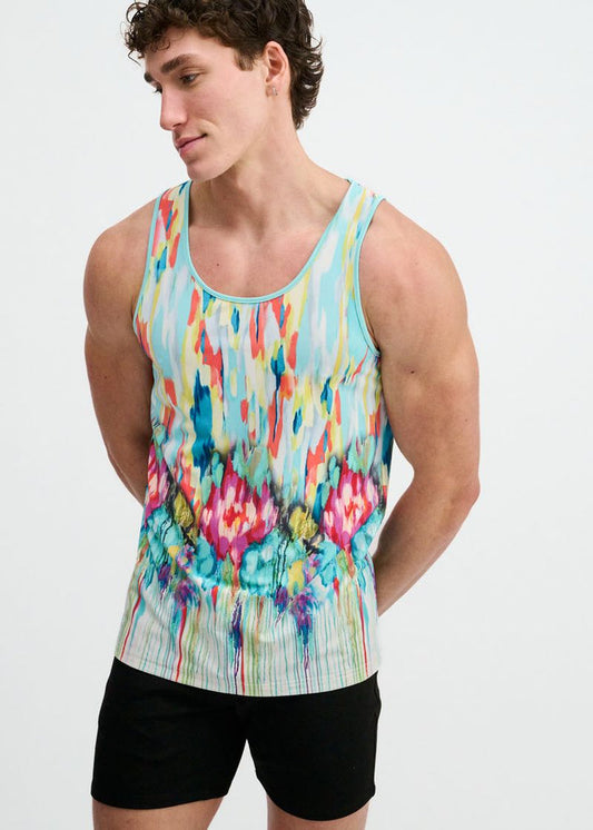 Teal/Multi Drips Printed Stretch Mesh Tank St-11150