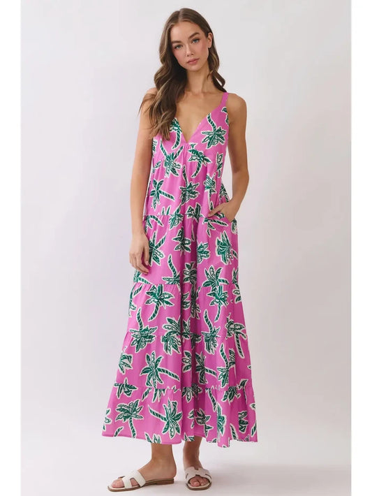 Tropical Palm Print Tiered Maxi Dress