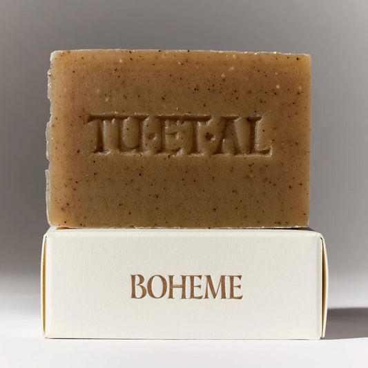 A box of TU ET AL Boheme bar soap on its paper box on a gray and white background.