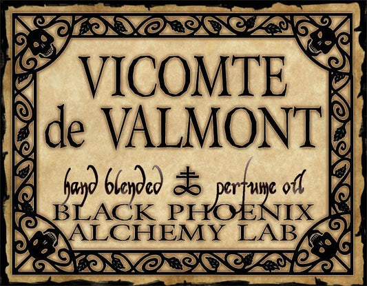 Vicomte de Valmont perfume label with decorative border and text